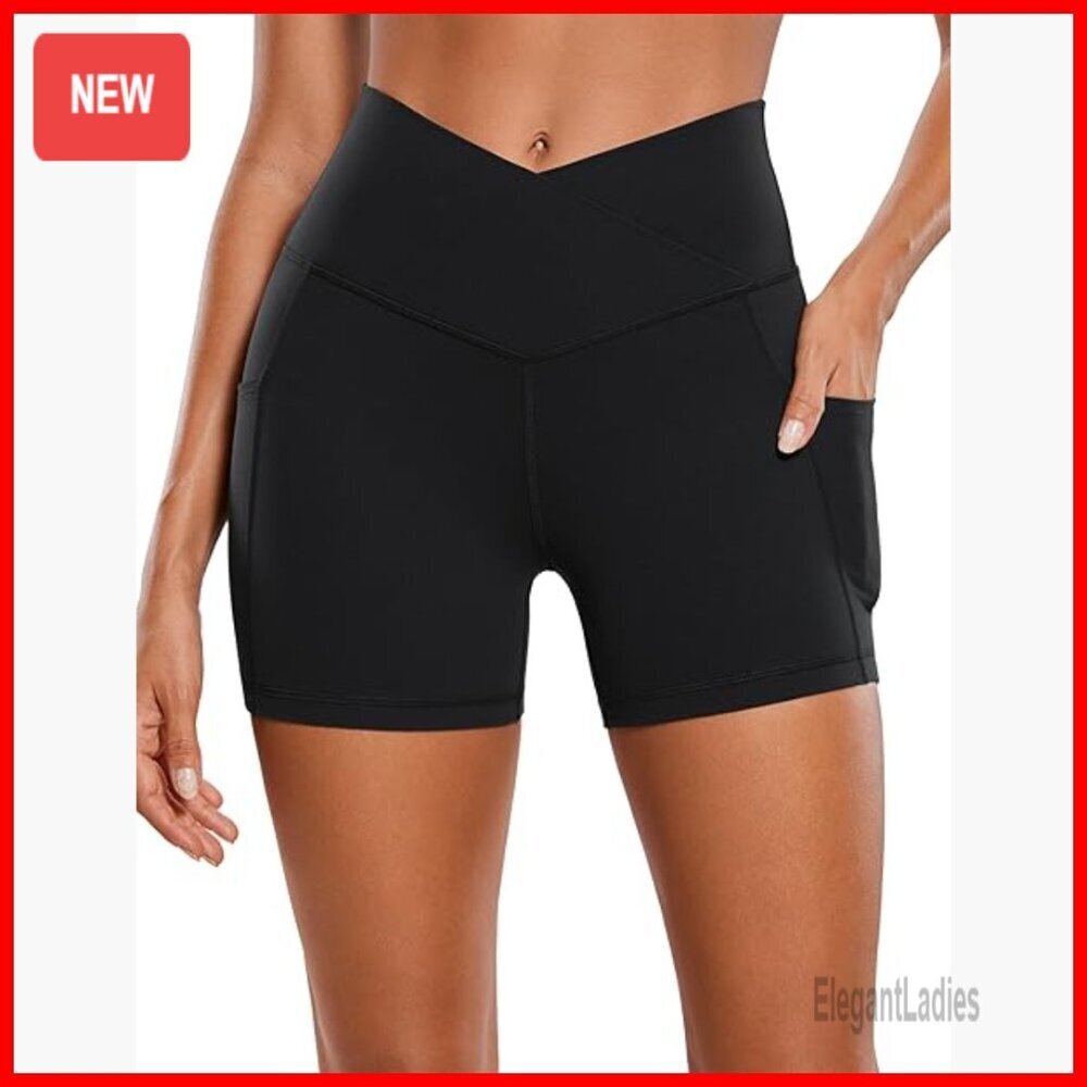 High Waisted Cross Waist Biker Shorts 4" Inseam Side Pockets Workout Yoga